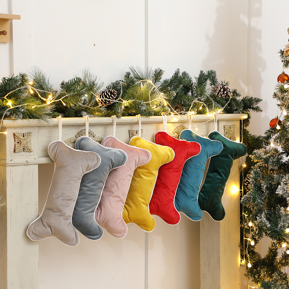 Luxury Xmas Bags - Velvet Dog Christmas Stocking Bone Shape